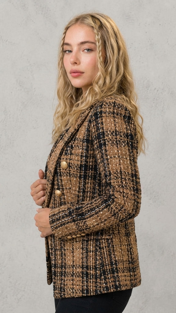 Women's Tweed Double Breasted Blazer – Check, Tailored Fit