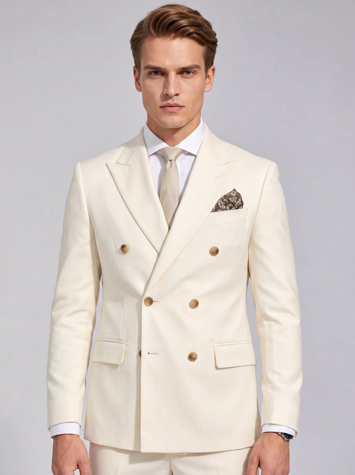 Men's Double Breasted Suit – Textured Beige, Tailored Fit
