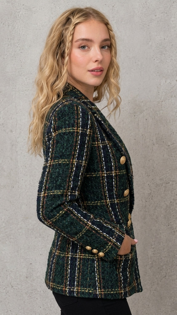 Women's Tweed Double Breasted Blazer – Check, Tailored Fit