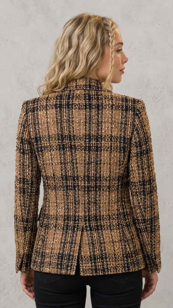 Women's Tweed Double Breasted Blazer – Check, Tailored Fit