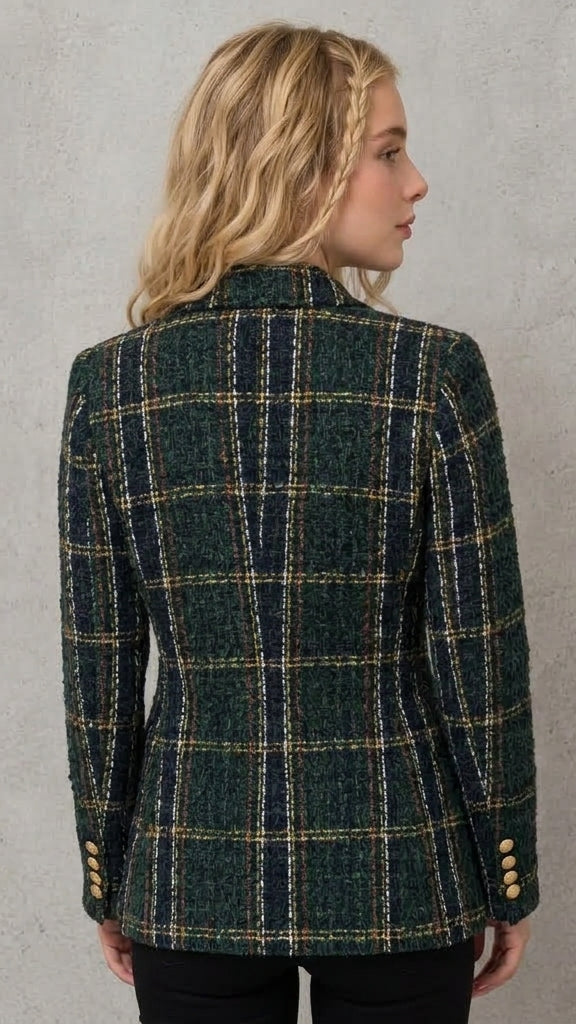 Women's Tweed Double Breasted Blazer – Check, Tailored Fit