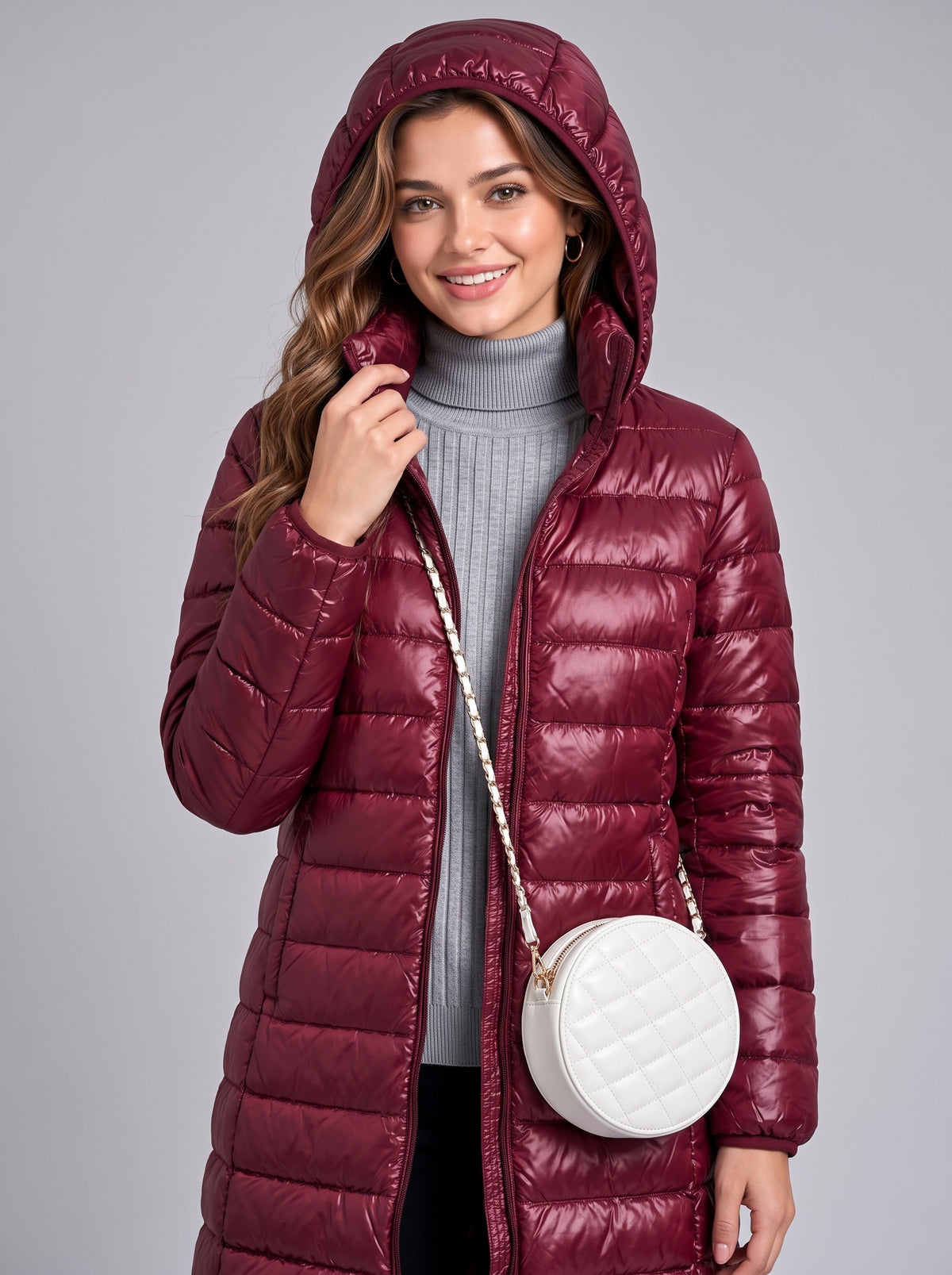 Women's Long Hooded Puffer Jacket – Detachable Hood, Waterproof