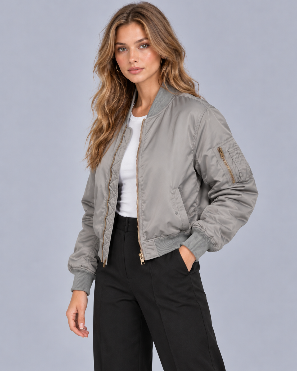 Women's Satin Bomber Jacket with Utility Pockets