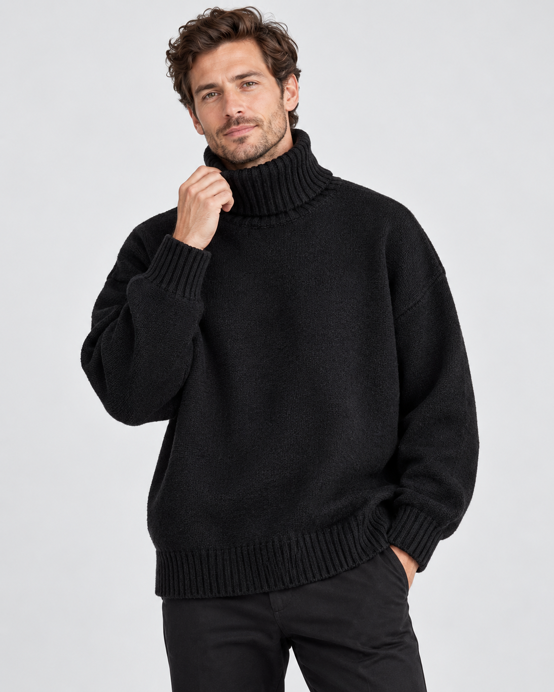 Men's Oversized Roll Neck Jumper – Soft Knit Turtleneck with Dropped Shoulders