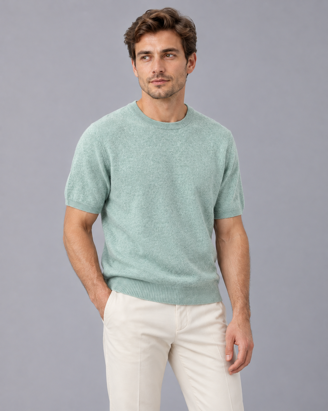Men's 100% Cashmere Crew Neck T-Shirt with Short Sleeves and Ribbed Trims