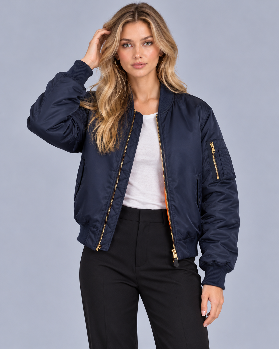 Women's Satin Bomber Jacket with Utility Pockets