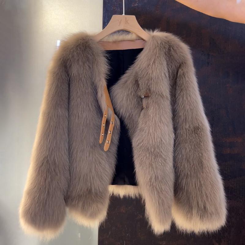 Women's Faux Fur Jacket – Open Front, Buckle Detail