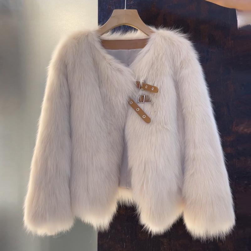 Women's Faux Fur Jacket – Open Front, Buckle Detail