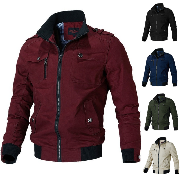 Men's Cotton Bomber Jacket – Stand Collar, Ribbed Trim