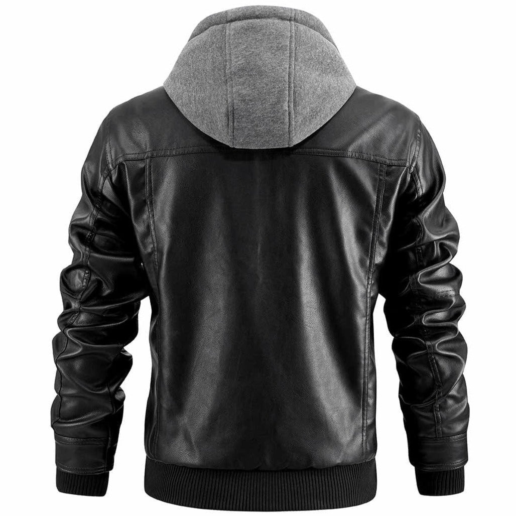 Men's Faux Leather Hooded Jacket – Zip Pockets, Regular Fit