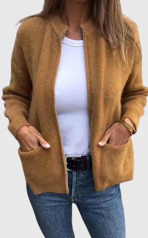 Women's Ribbed Knit Zip Jacket – Stand Collar, Relaxed Fit