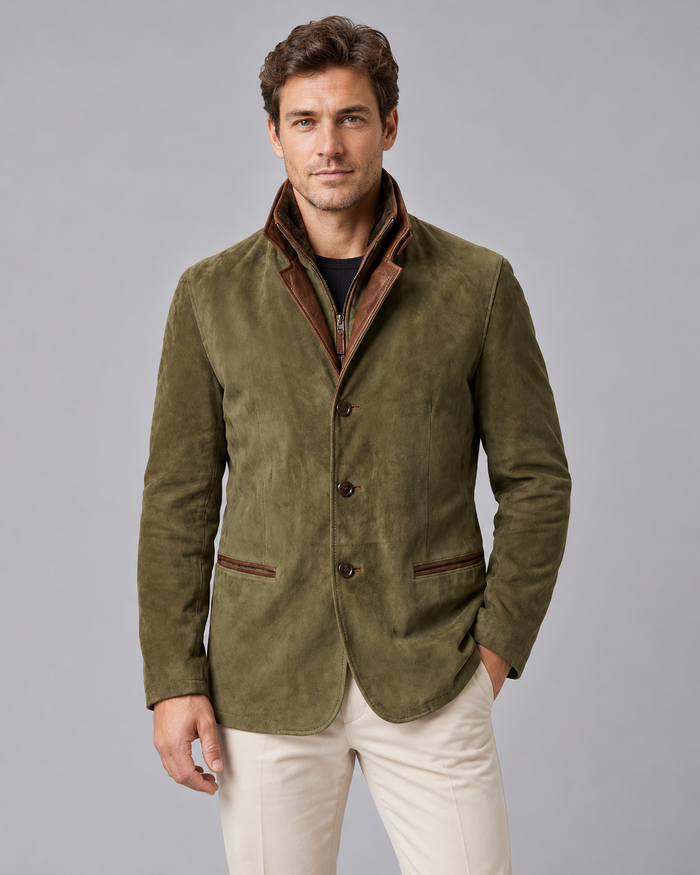 Men's Suede Blazer Jacket – Three-Button Front, Layered Stand Collar with Zip Insert, Contrast Trim