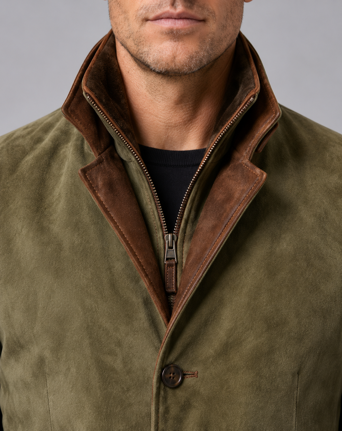 Men's Suede Blazer Jacket – Three-Button Front, Layered Stand Collar with Zip Insert, Contrast Trim