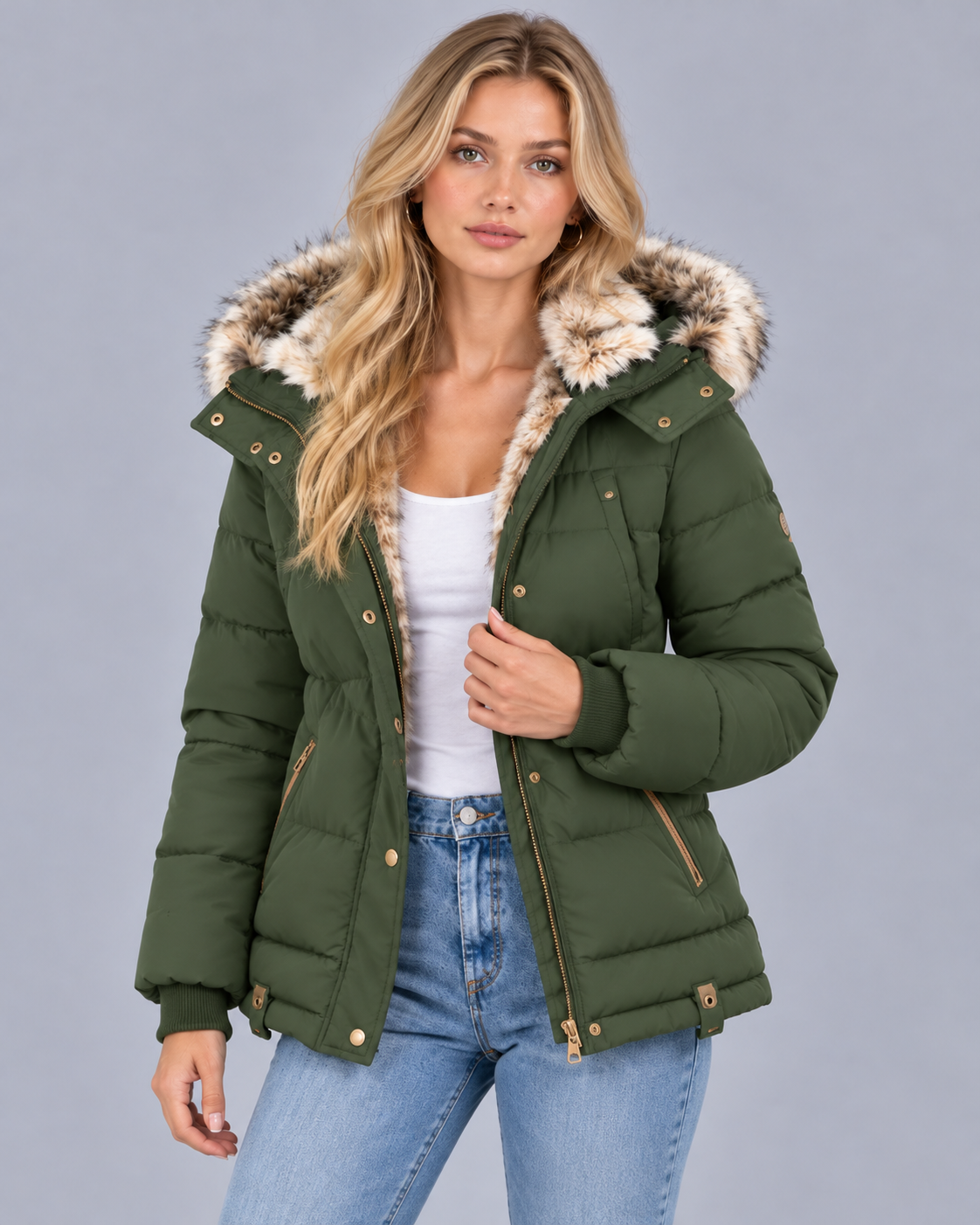 Women's Quilted Jacket with Faux Fur Hood