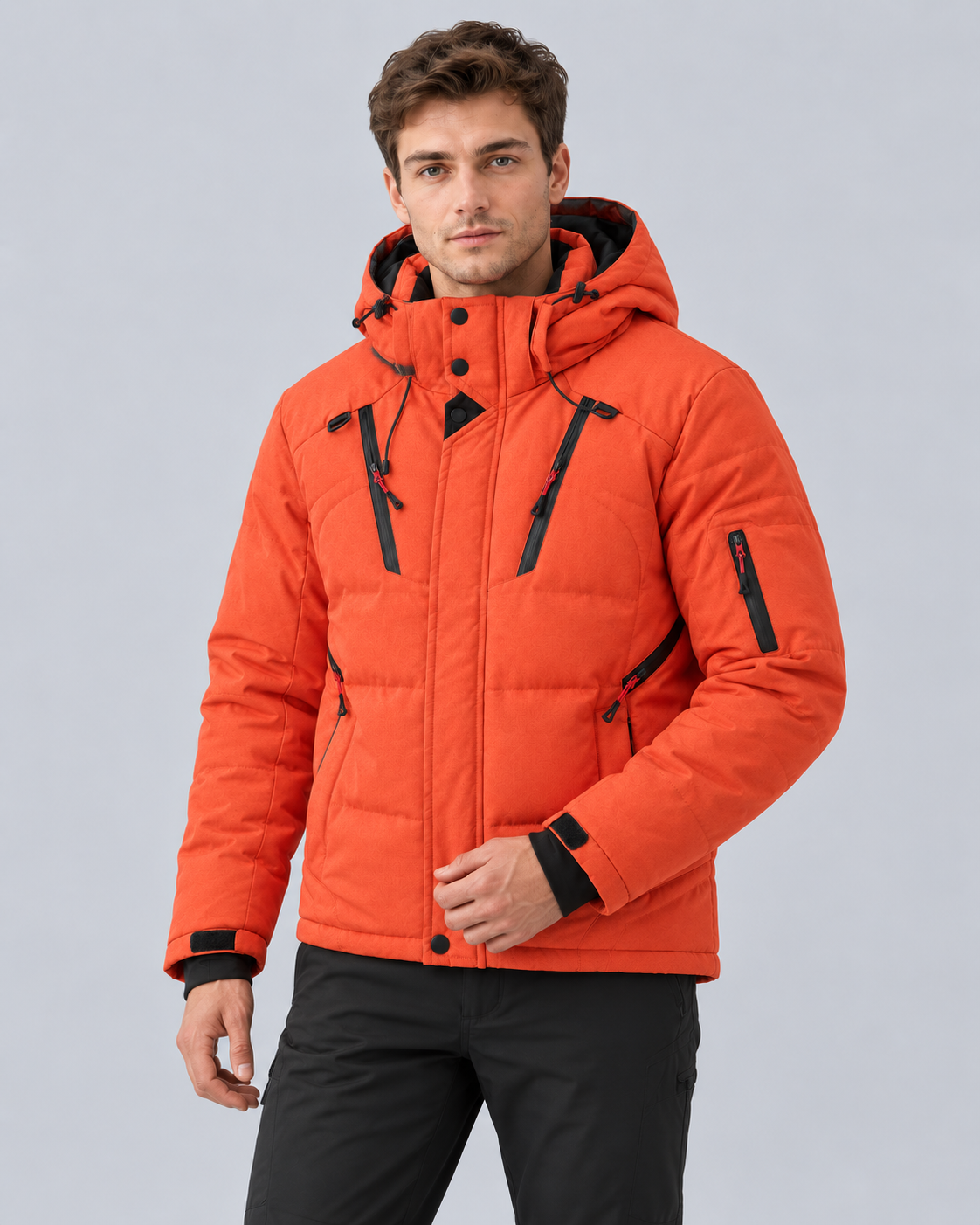 Men's Puffer Jacket with Hood in Polyester – Quilted Winter Coat with Zip Pockets