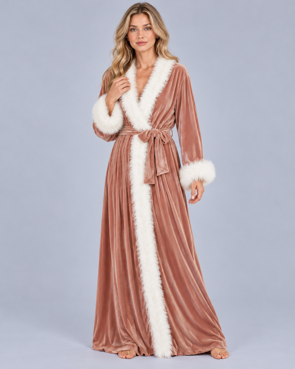 Women's Velvet Dressing Gown with Feather-Style Trim