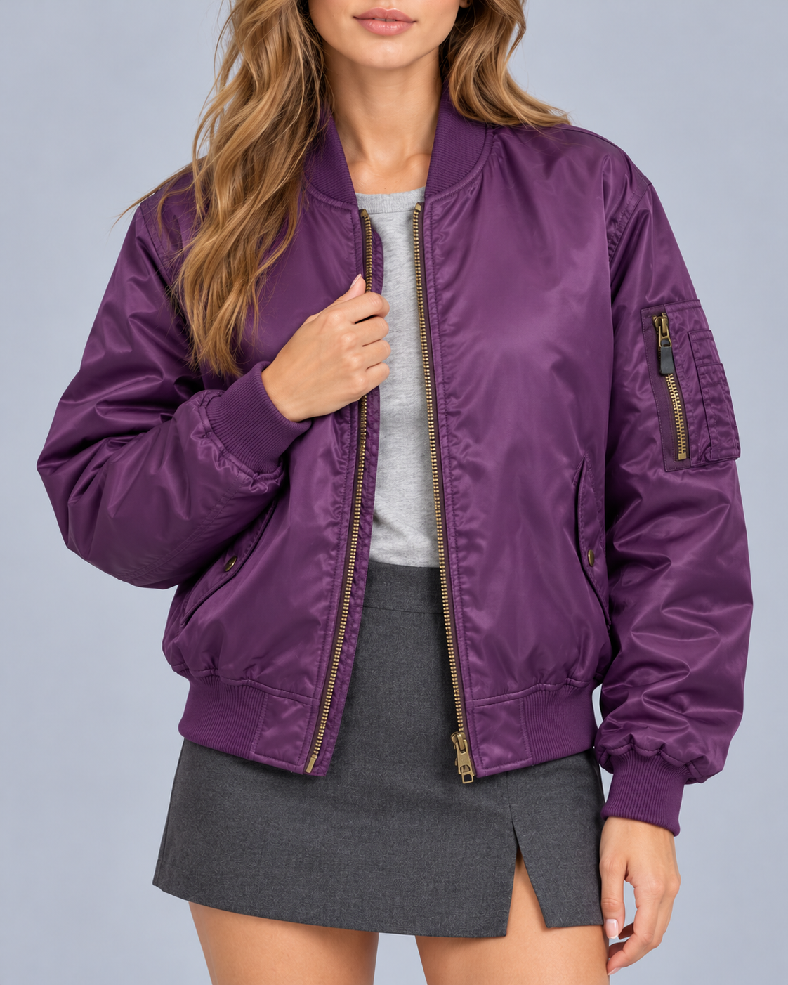 Women's Satin Bomber Jacket with Utility Pockets