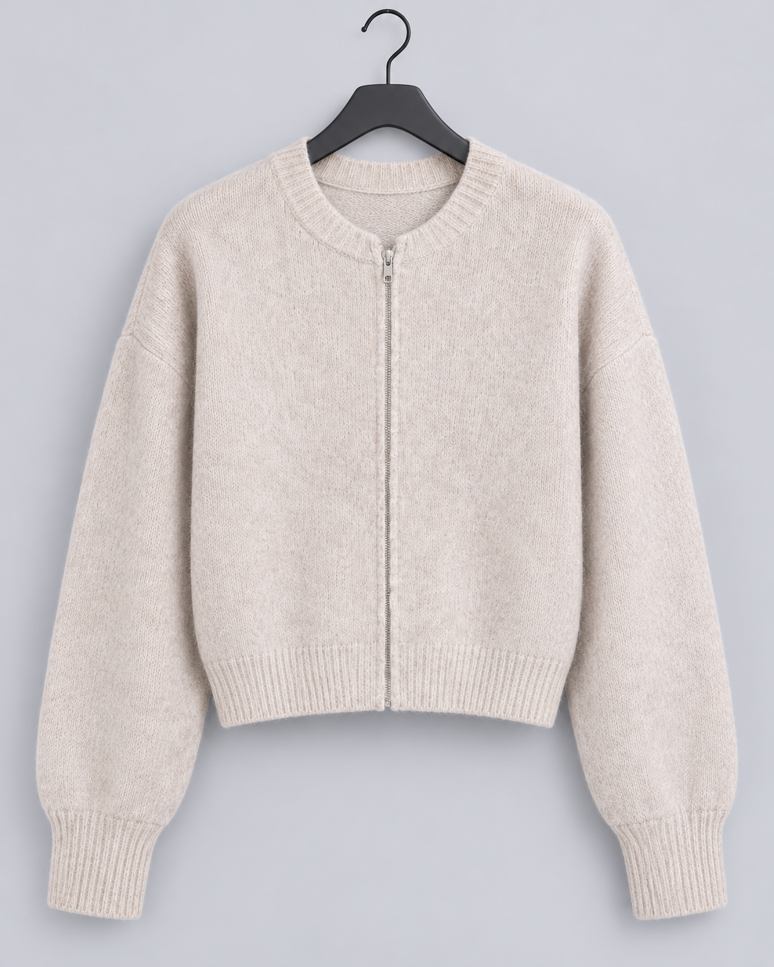 Women's Knitted Zip Cardigan – Crew Neck Cropped Cardigan Sweater with Ribbed Cuffs, Relaxed Fit