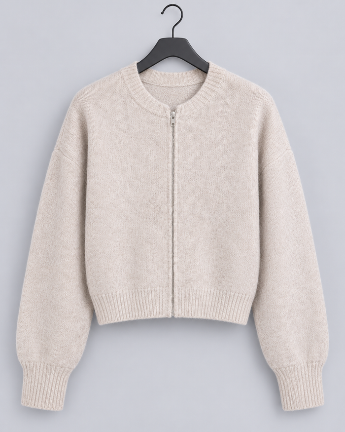 Women's Knitted Zip Cardigan – Crew Neck Cropped Cardigan Sweater with Ribbed Cuffs, Relaxed Fit