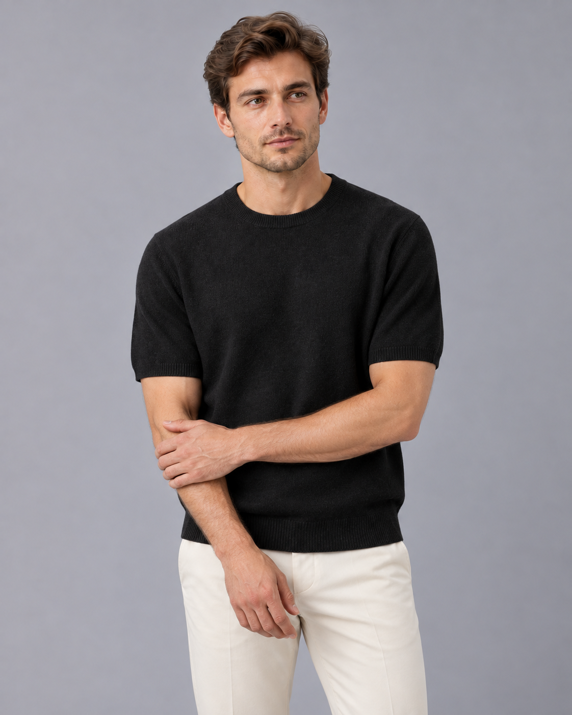 Men's 100% Cashmere Crew Neck T-Shirt with Short Sleeves and Ribbed Trims