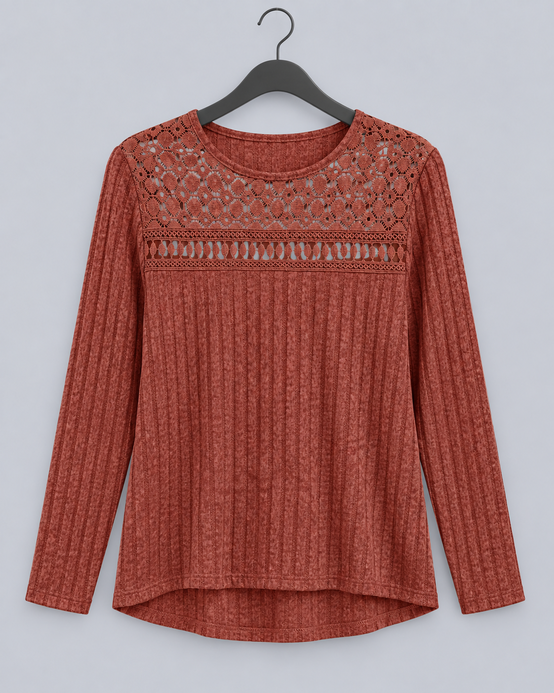 Women's Fitted Lace Ribbed Top | Crew Neck Long Sleeve Blouse