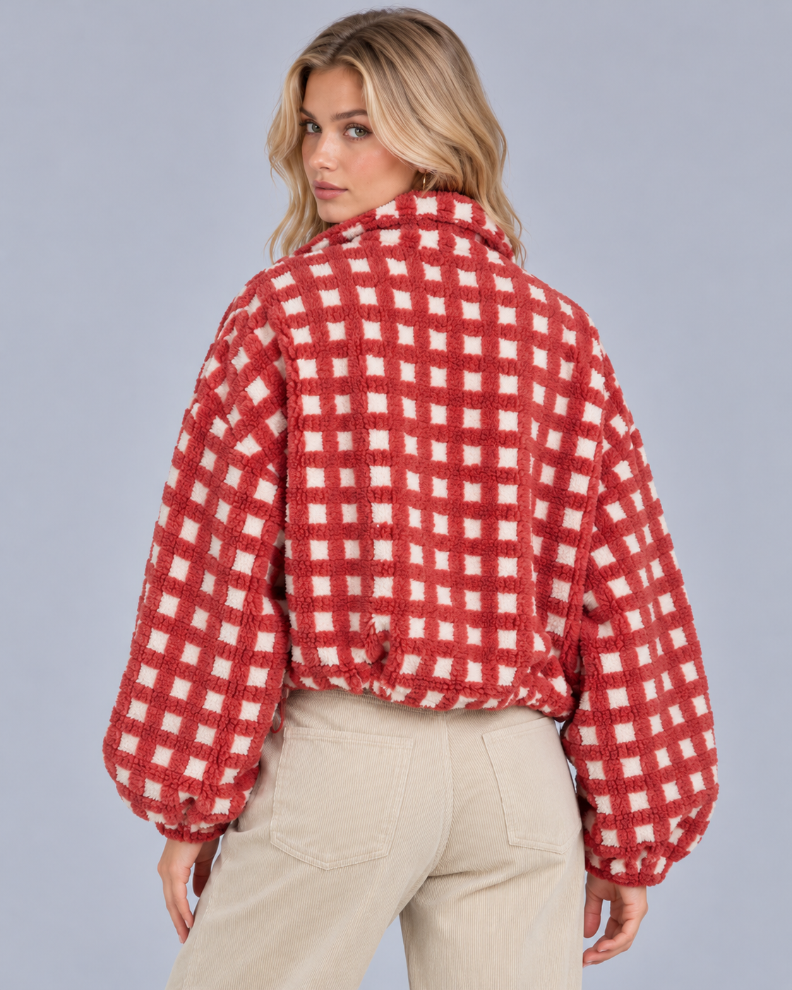 Women's Sherpa Fleece Jacket with Check Pattern