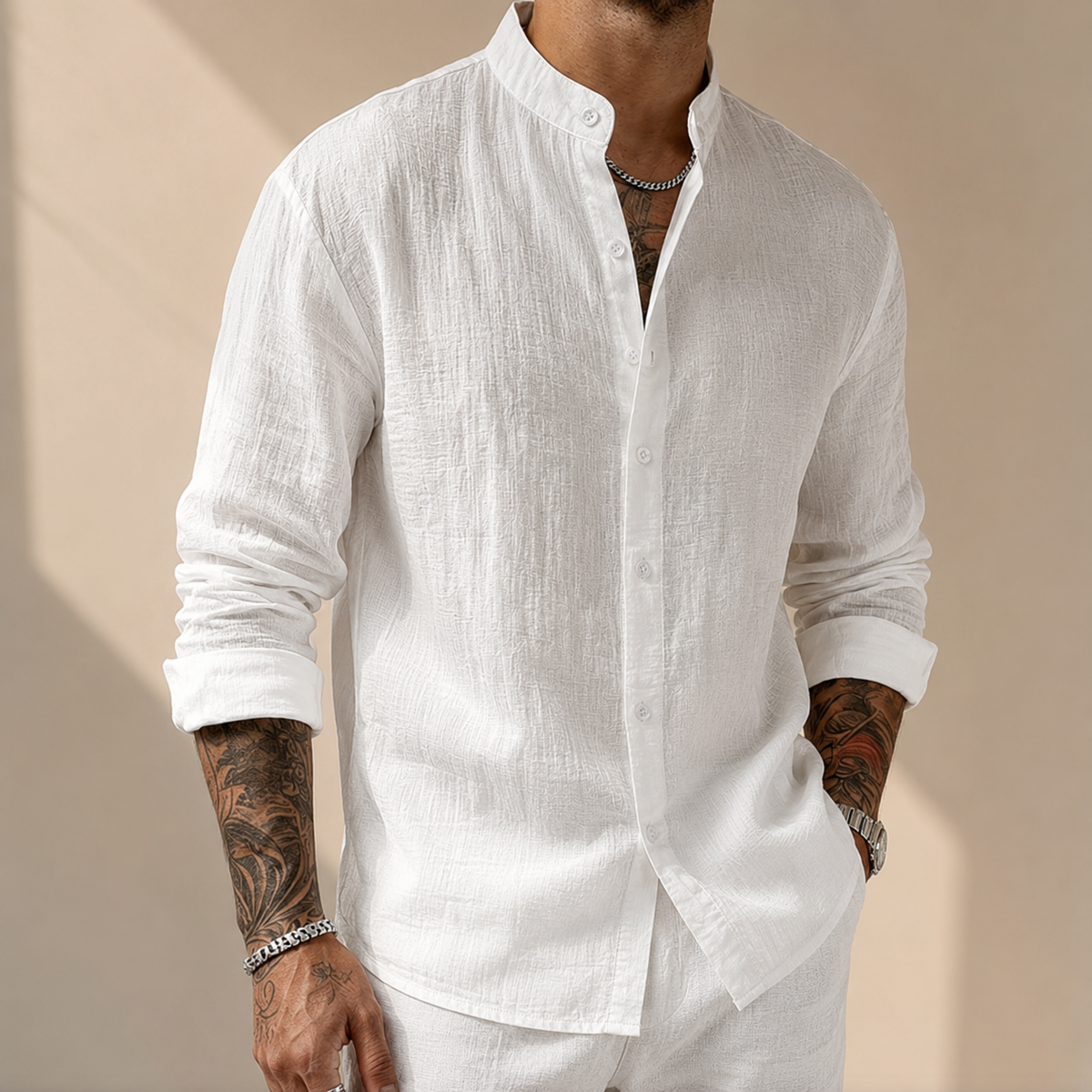 Men's Cotton Linen Shirt – Band Collar, Crinkle Weave, Relaxed Fit