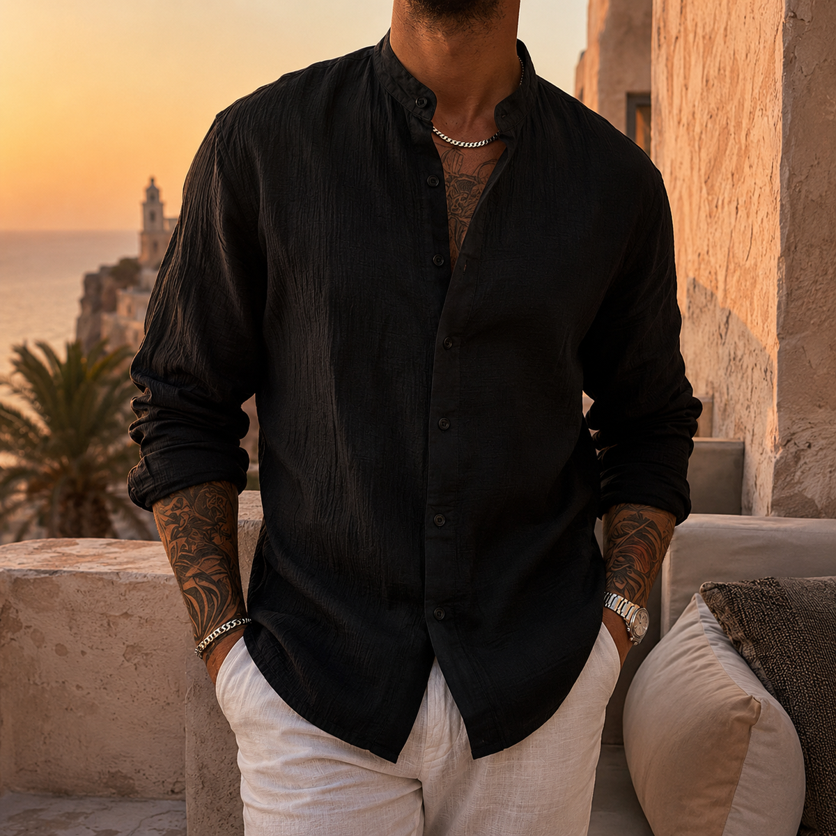 Men's Cotton Linen Shirt – Band Collar, Crinkle Weave, Relaxed Fit