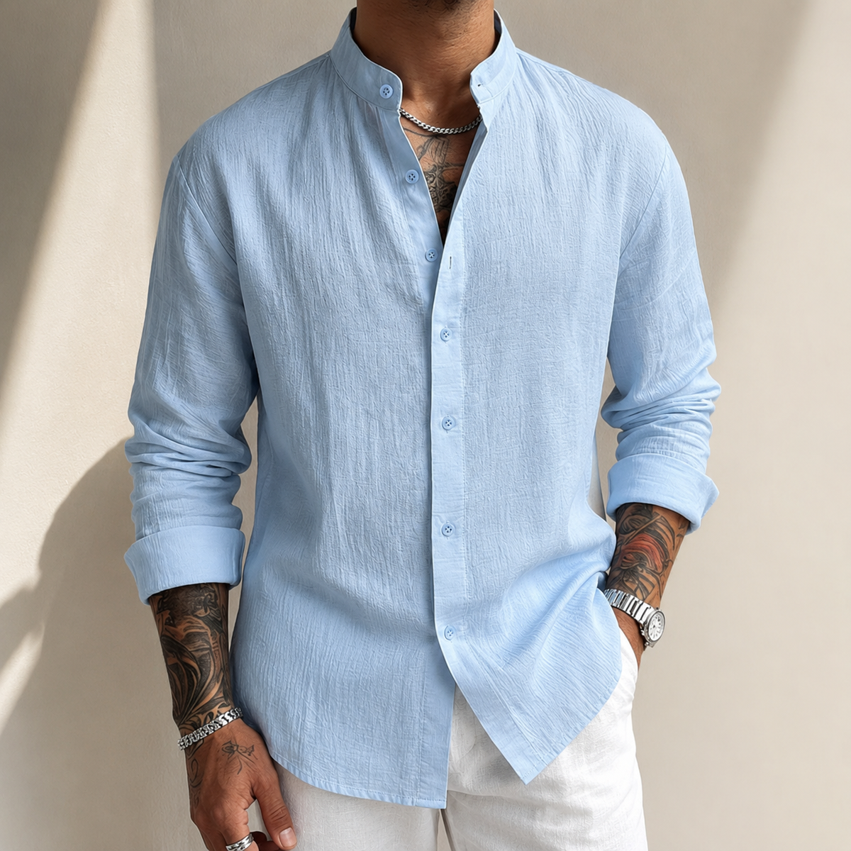 Men's Cotton Linen Shirt – Band Collar, Crinkle Weave, Relaxed Fit