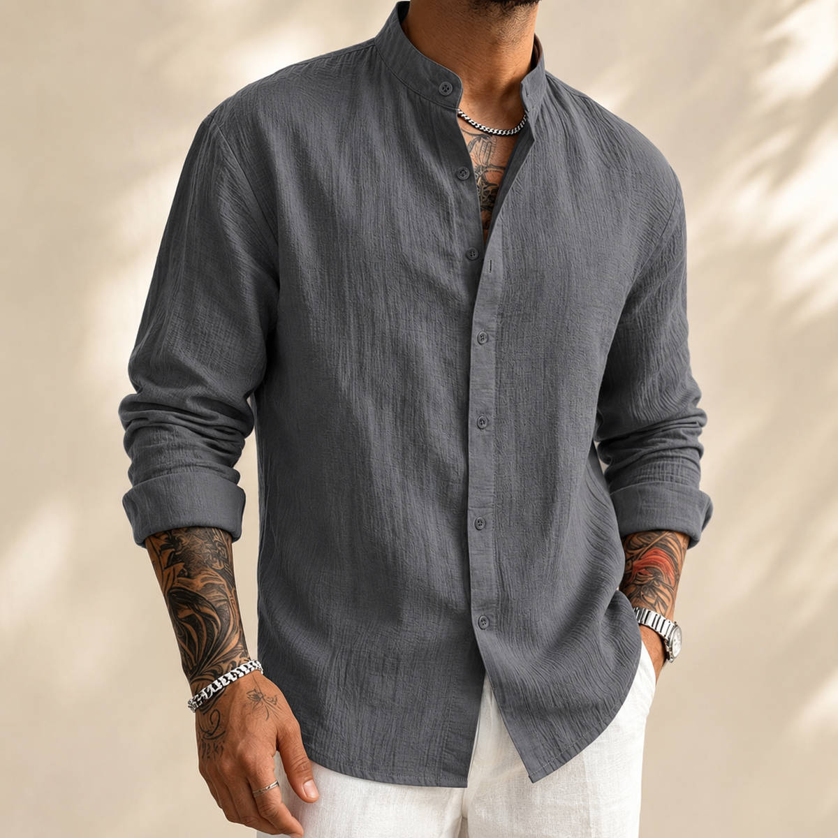 Men's Cotton Linen Shirt – Band Collar, Crinkle Weave, Relaxed Fit