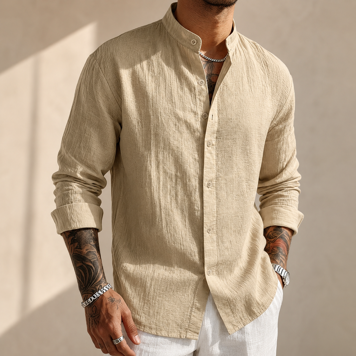 Men's Cotton Linen Shirt – Band Collar, Crinkle Weave, Relaxed Fit