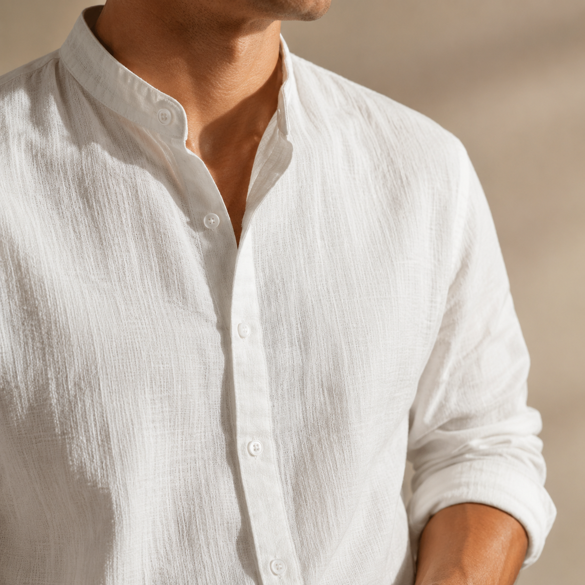 Men's Cotton Linen Shirt – Band Collar, Crinkle Weave, Relaxed Fit