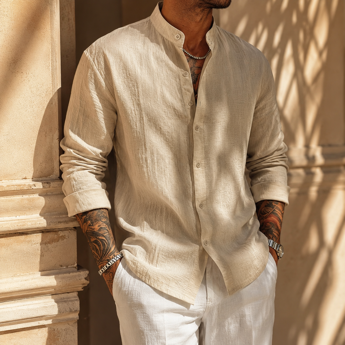 Men's Cotton Linen Shirt – Band Collar, Crinkle Weave, Relaxed Fit