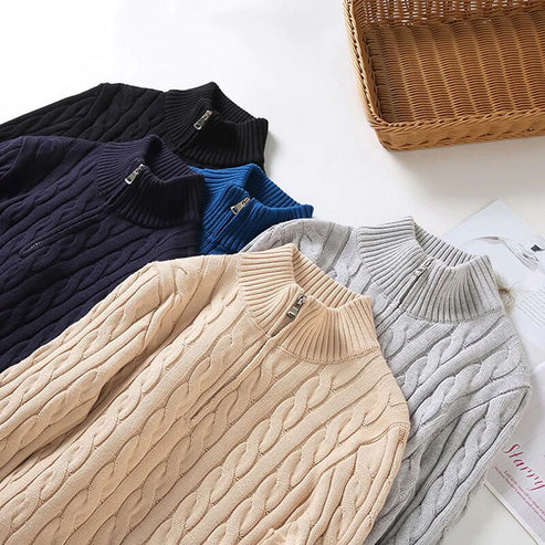 Men's Half Zip Jumper – Cable Knit Cotton, High Collar