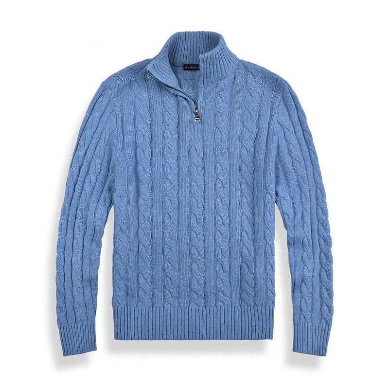 Men's Half Zip Jumper – Cable Knit Cotton, High Collar