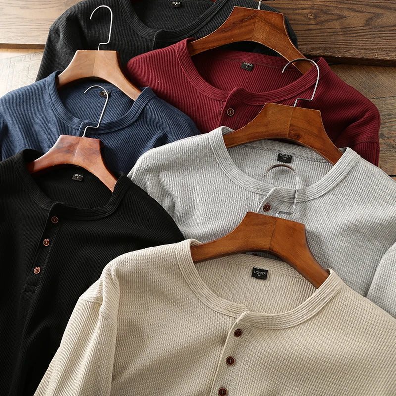 Men's Waffle Knit Henley – Cotton, Long Sleeve, Relaxed Fit