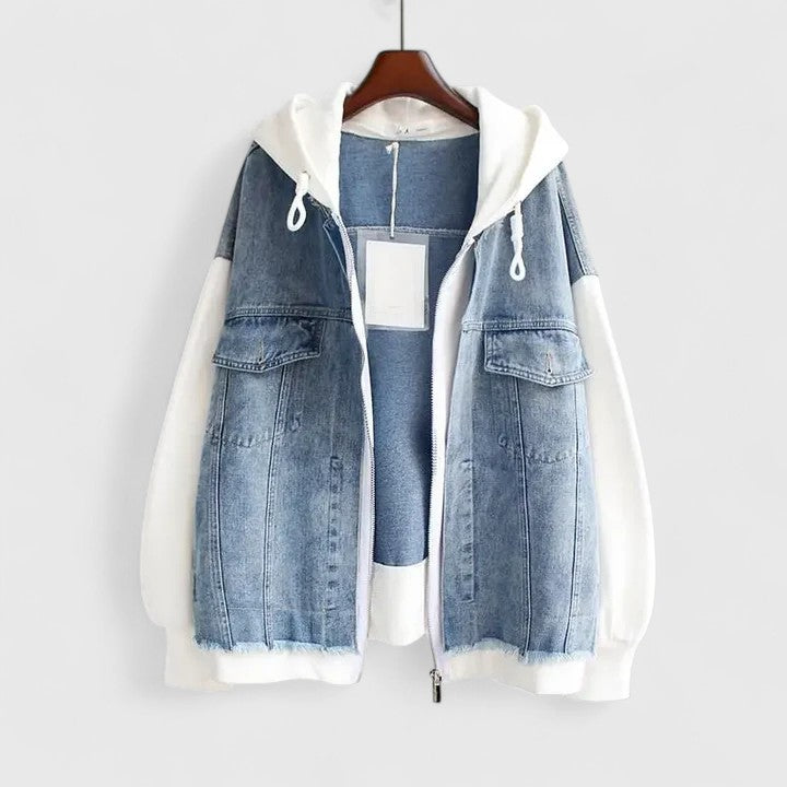 Women's Oversized Denim Hoodie Jacket – Zip Front, Distressed Finish