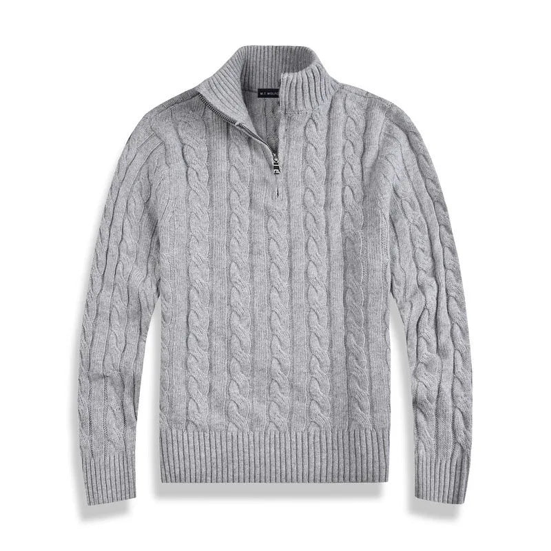 Men's Half Zip Jumper – Cable Knit Cotton, High Collar
