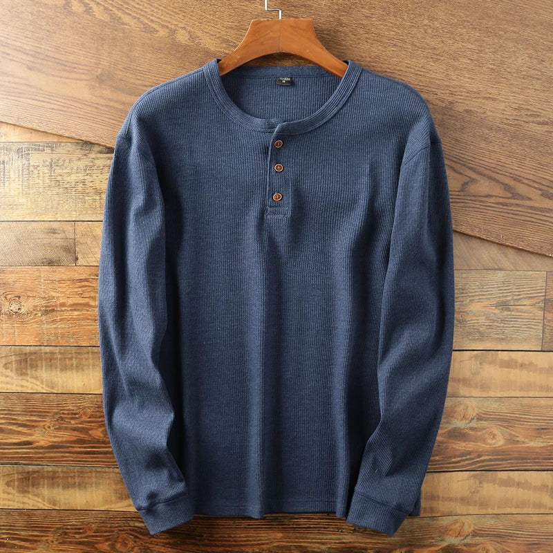 Men's Waffle Knit Henley – Cotton, Long Sleeve, Relaxed Fit