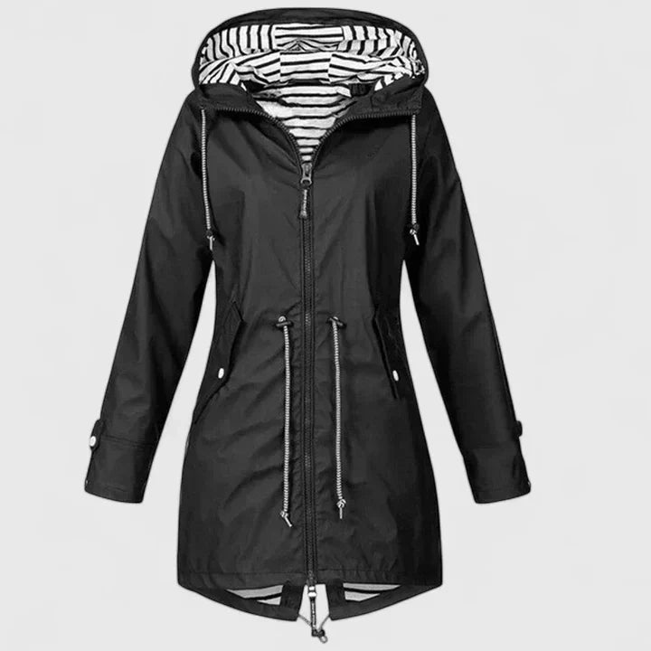 Women's Hooded Rain Jacket – Drawstring Waist, Striped Lining, Zip Front