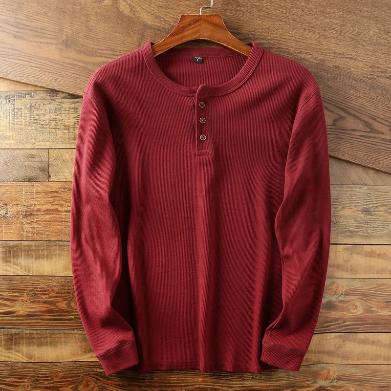 Men's Waffle Knit Henley – Cotton, Long Sleeve, Relaxed Fit