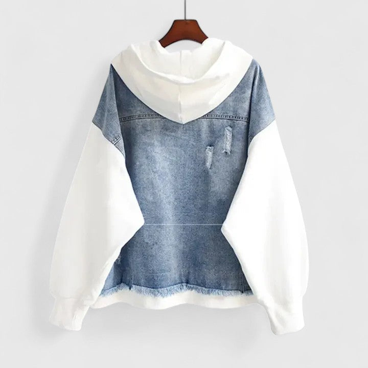 Women's Oversized Denim Hoodie Jacket – Zip Front, Distressed Finish