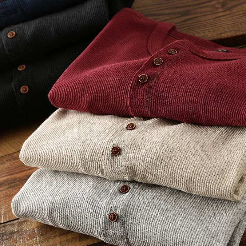 Men's Waffle Knit Henley – Cotton, Long Sleeve, Relaxed Fit