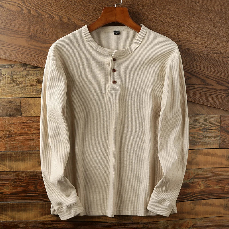 Men's Waffle Knit Henley – Cotton, Long Sleeve, Relaxed Fit