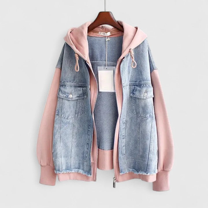 Women's Oversized Denim Hoodie Jacket – Zip Front, Distressed Finish