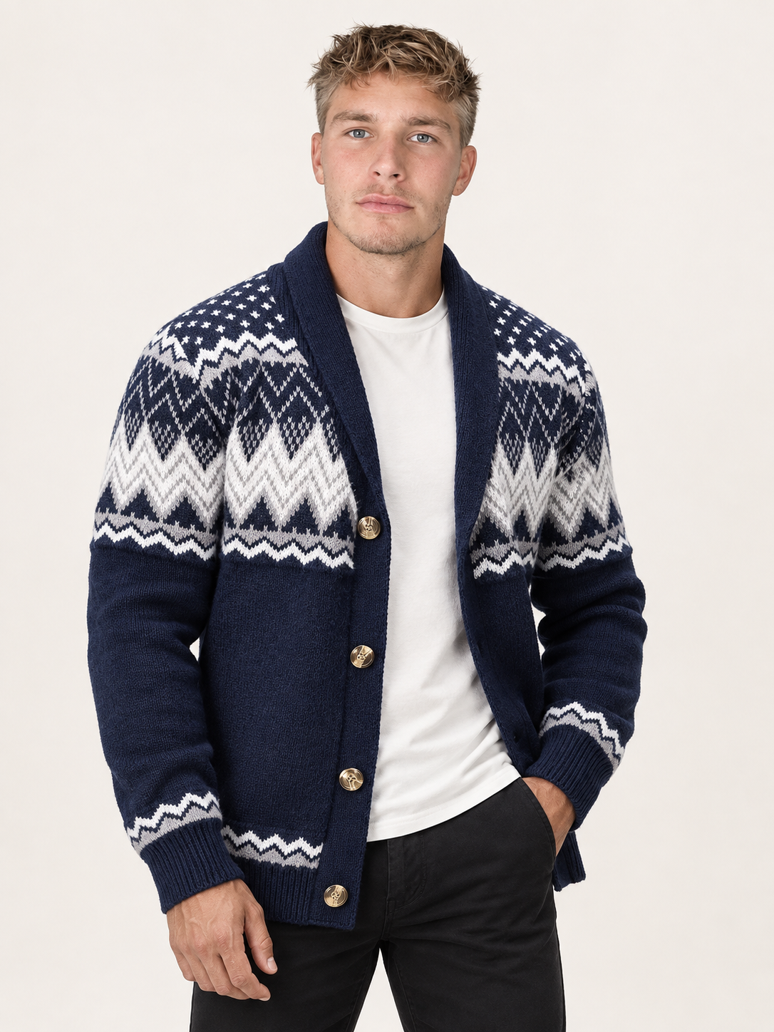 Men's Shawl Collar Cardigan – Fair Isle Style Chunky Knit