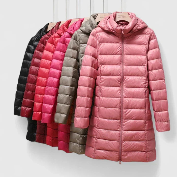 Women's Long Hooded Puffer Jacket – Detachable Hood, Waterproof