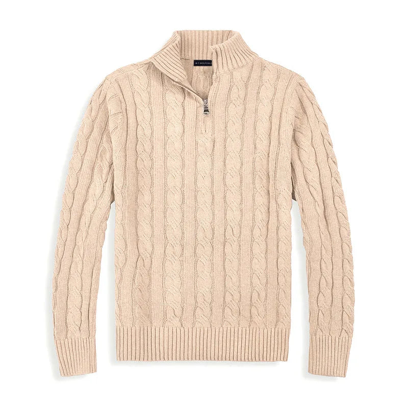 Men's Half Zip Jumper – Cable Knit Cotton, High Collar