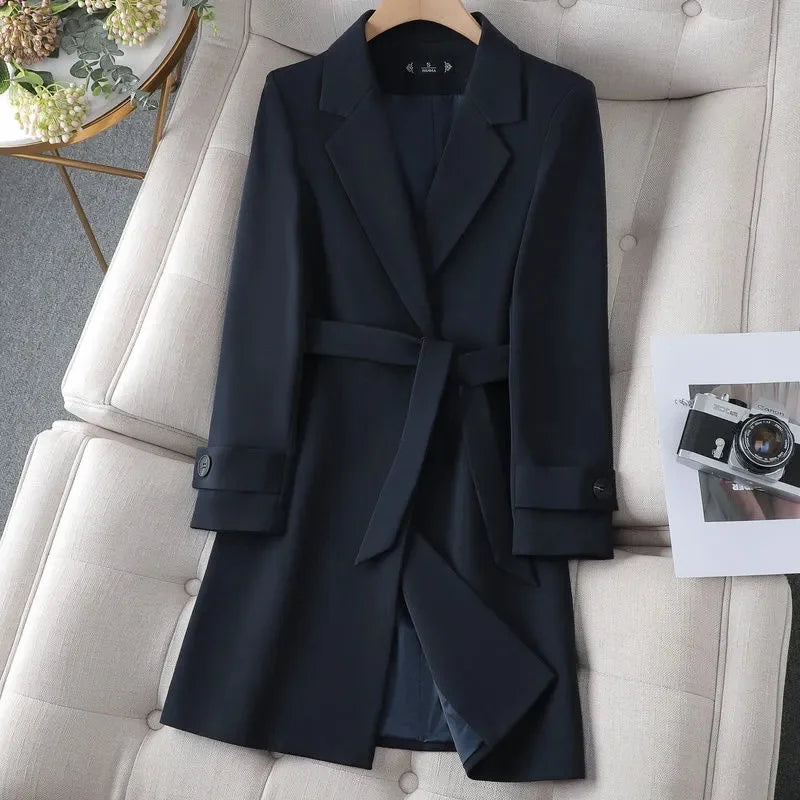 Women's Belted Blazer Coat – Longline, Stand Collar
