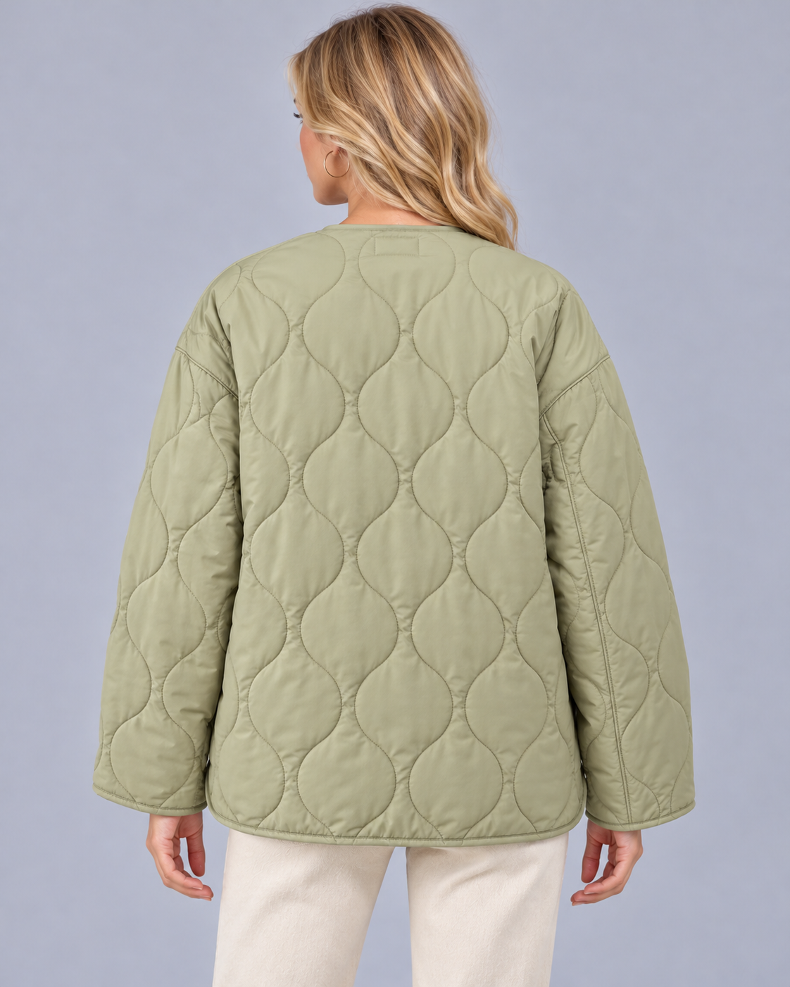 Women's Collarless Quilted Jacket – Lightly Padded, Wave Quilting, Full Zip, Relaxed Fit